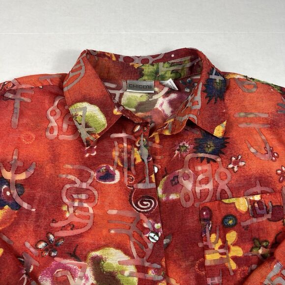 Chicos Art To Wear Button Down Shirt 3/4 Sleeve Eclectic Casual Boho Top 2 LARGE - Picture 4 of 11